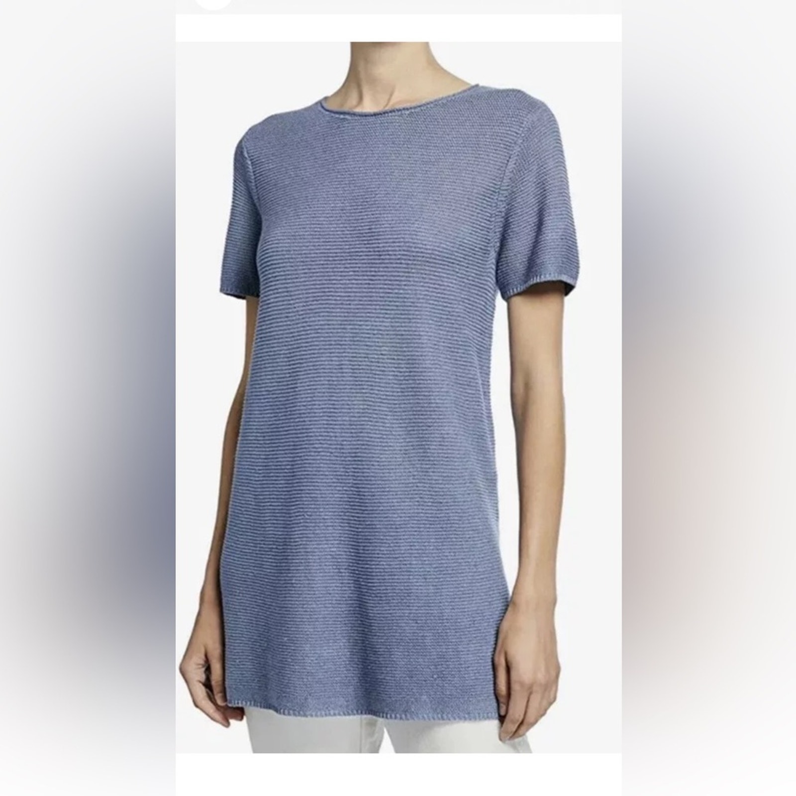 Eileen Fisher Organic Cotton Linen Round Neck Tunic Top Pale Blue Size Small
